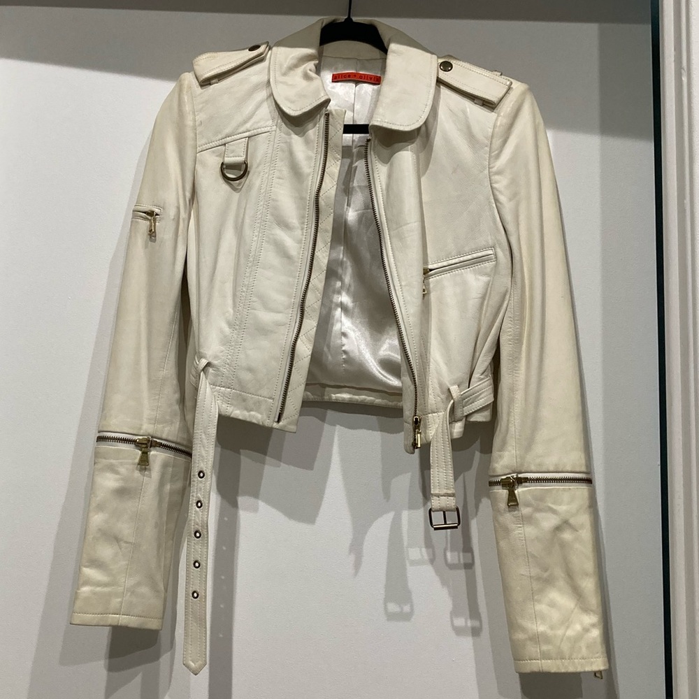 Alice + Olivia, cream cropped leather jacket